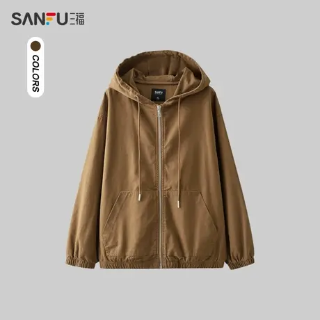三福2024春季男士净色纹理夹克 时尚户外连帽宽松外套男482393商品大图