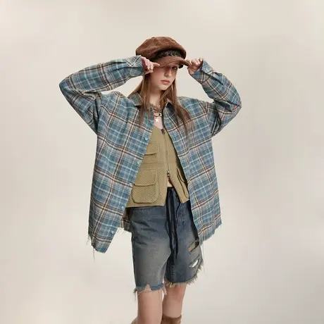 街头潮牌设计感格子衬衫女春季2024新款毛边情侣衬衣宽松小众上衣图片