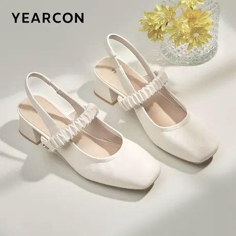 意尔康女鞋夏季包头凉鞋粗跟中跟方头外穿松紧带法式气质淑女温柔商品大图