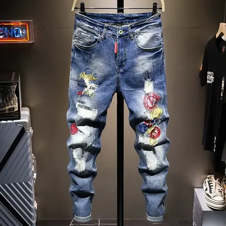 夏天薄款时尚潮牌刺绣花牛仔裤男修身小脚男士百搭国潮乞丐裤子男商品大图