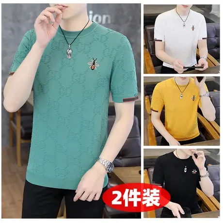 潮流精品男士冰麻短袖针织衫欧美风时尚男装帅气夏季薄款毛衣T恤商品大图