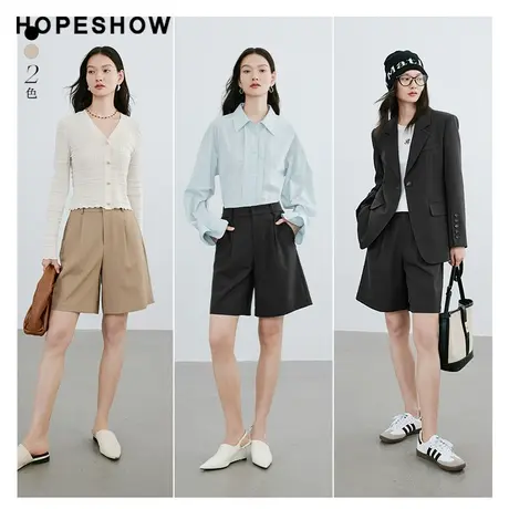 红袖纯色阔腿遮胯中裤hopeshow2024春季新款立体感压褶直筒休闲裤商品大图