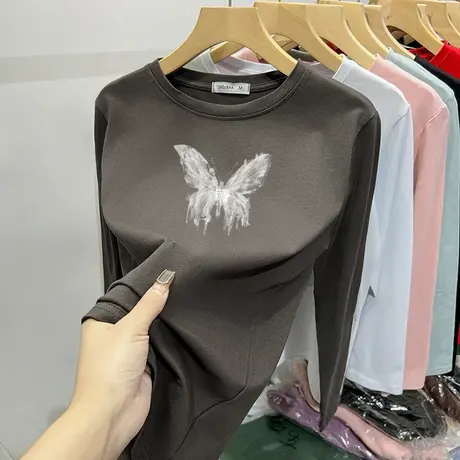 长袖t恤女春2024新款秋季女装薄款蝴蝶印花上衣打底衫冬内搭圆领图片