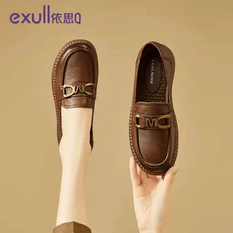 依思q棕色金扣乐福鞋2024新款真皮软底中年妈妈鞋防滑舒适单鞋女商品大图