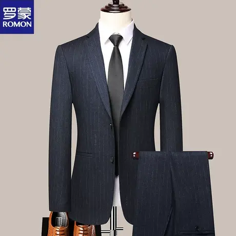 罗蒙西服套装男士商务职业韩版修身新郎结婚正装礼服条纹休闲西装图片