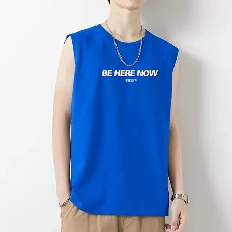 克莱因蓝背心男潮夏季纯棉无袖t恤潮流宽松健身跨栏全棉运动坎肩图片