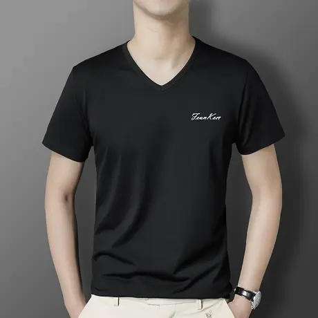 莫代尔黑色短袖t恤男装2023新款修身V领上衣服夏季冰感半袖体恤衫商品大图