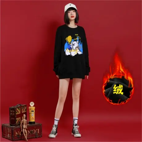 Ohlyah加绒加厚卫衣女男情侣装潮牌韩版宽松溜肩黑色中长款圆领商品大图