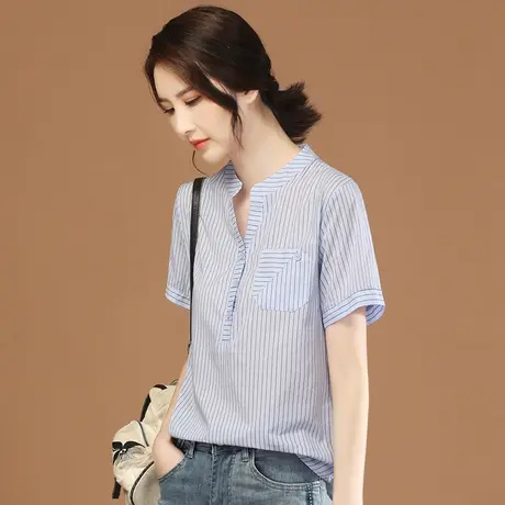 韩潮袭人v领条纹短袖衬衫女士夏季2023新款宽松衬衣小众法式上衣商品大图