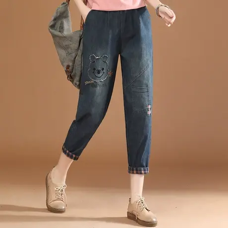 韩潮袭人松紧腰刺绣七分牛仔裤子女2023夏季新款休闲小脚哈伦裤薄商品大图