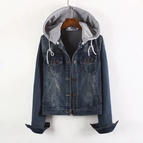 牛仔外套女连帽带帽春秋短款修身韩版新款长袖学生牛仔服大码上衣商品大图