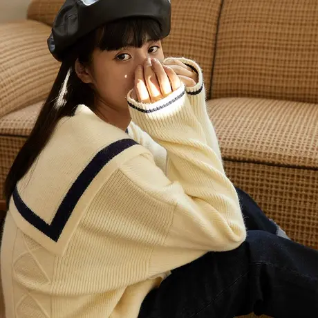 omont蛋挞家 复古学院海军领针织开衫女早秋新款外搭宽松毛衣外套商品大图