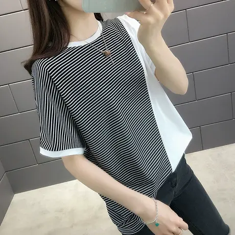 条纹冰丝针织衫2023春夏新款韩版宽松上衣打底衫百搭短袖t恤ins潮图片