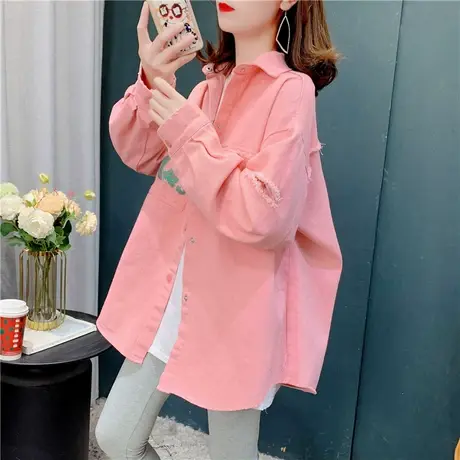 复古港味破洞牛仔衬衫外套女2023新款秋季韩版宽松百搭设计感上衣商品大图