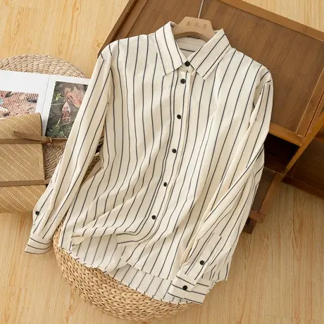 享永子竖条纹棉质衬衫女文艺复古宽松显瘦气质通勤衬衣2023新款秋商品大图