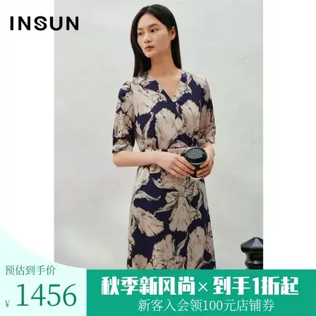 恩裳2023年夏款新款重磅弹力缎桑蚕丝艺术花卉H型连衣裙图片