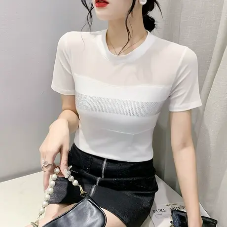 2023夏装新款网纱拼接T恤女短袖气质圆领小衫性感镂空烫钻上衣ins商品大图