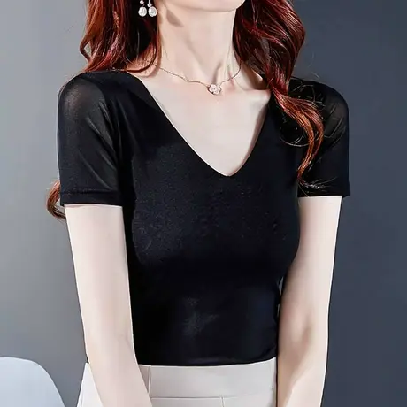 黑色V领短袖t恤女2022夏装洋气纱衣减龄上衣露锁骨薄网纱打底小衫商品大图