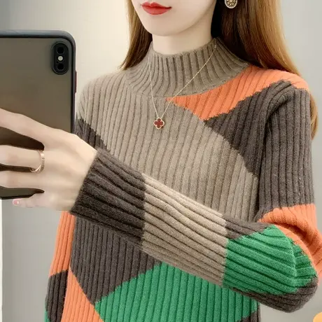 半高领洋气拼色加厚毛衣女秋冬2022年新款撞色内搭打底衫短款上衣图片