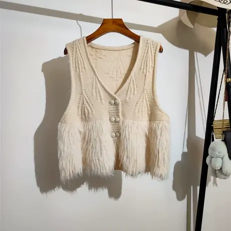 小香风针织马甲开衫女宽松v领气质百搭毛毛拼接无袖毛衣背心外套商品大图