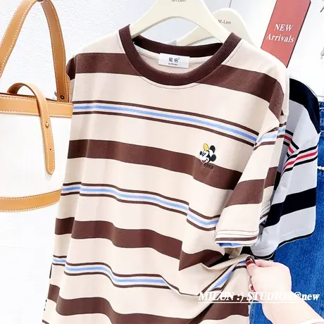 复古高级感咖色条纹上衣2023春夏款韩版小众别致洋气短袖T恤欧货图片