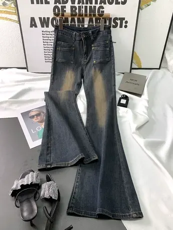 复古磨白韩版牛仔喇叭裤女2023秋季新款显瘦百搭高腰弹力微喇长裤图片