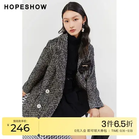红袖outlets翻领中长大衣hopeshow2022冬季新款双排扣复古外套女商品大图