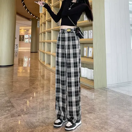 格子阔腿裤女秋冬2023年新款高腰垂感直筒宽松复古显瘦休闲拖地裤商品大图