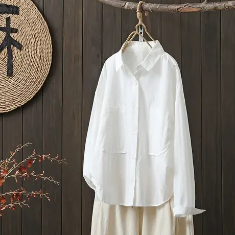 枫谜2023春季新款文艺翻领大口袋休闲宽松大码百搭显瘦长袖衬衫图片