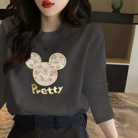 早春新款米奇印花洋气小衫圆领打底衫女2023春装新款长袖T恤女潮商品大图