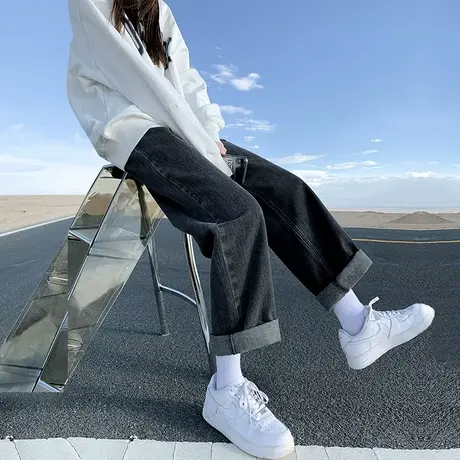 烟灰色阔腿牛仔裤女春秋款卷边直筒宽松2023新款黑色高腰显瘦裤子商品大图