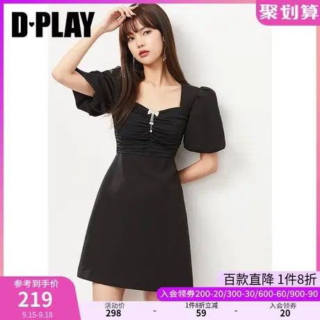DPLAY夏新复古美背抽褶高腰蝴蝶结泡泡袖小黑裙图片