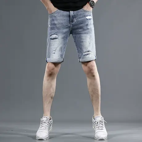 破洞牛仔短裤2023夏季新款潮牌修身蓝色弹力男士薄款五分休闲裤子图片