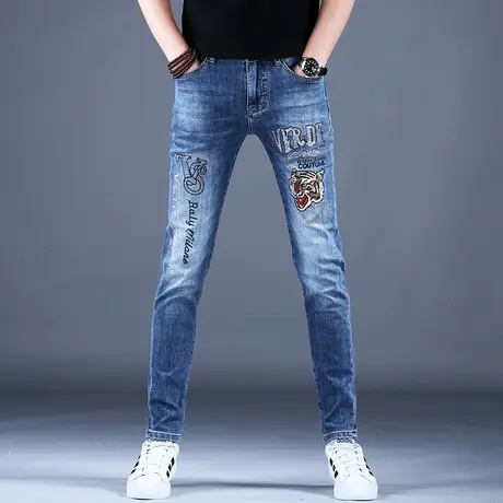 男裤春秋薄牛仔裤男款修身小脚刺绣裤子品牌高端潮牌弹力休闲百搭商品大图