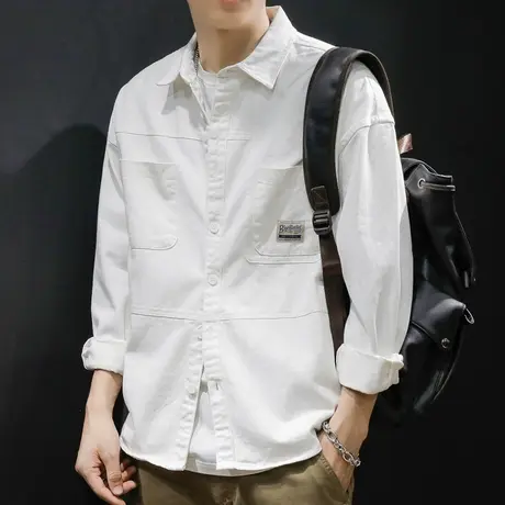 白色休闲外套衬衫男宽松春秋潮牌胖子大码秋季2023新款夹克外穿潮商品大图