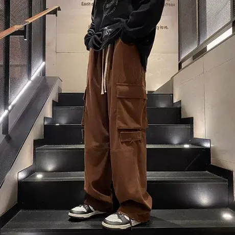 美式oversize裤子男高街vibe纯棉机能工装裤痞帅口袋hiphop直筒裤商品大图