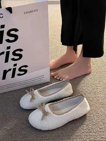 羊羔毛毛鞋女2023年秋冬季新款外穿加绒保暖一脚蹬平底豆豆棉瓢鞋图片