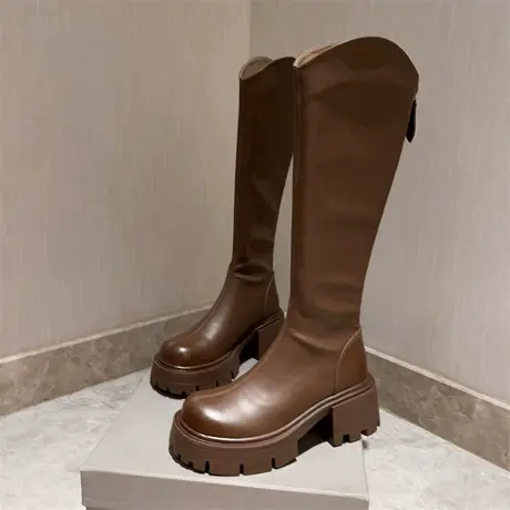 黑色粗腿v口长筒靴女2023年新款夏季款小个子欧货厚底显瘦长靴子图片