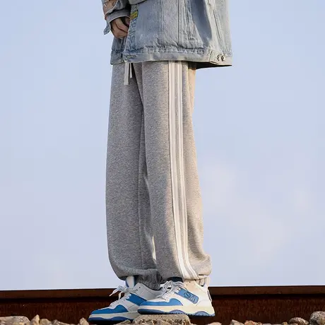 春季新款拼接撞色卫裤男oversize条纹潮流宽松阔腿休闲束脚长裤子商品大图