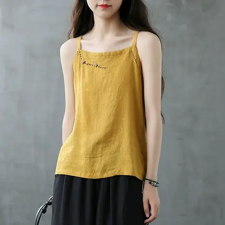 dza刺绣亚麻吊带背心女夏季内搭2022新款宽松外穿无袖T恤棉麻上衣图片