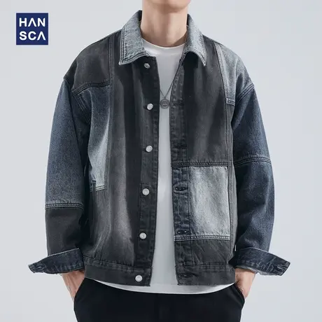 hansca水洗牛仔外套男秋季潮牌美式复古撞色拼接痞帅休闲翻领夹克商品大图
