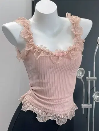 店主自留~清纯小白花 自带微醺感韩系蕾丝包边吊带女背心早春新款图片