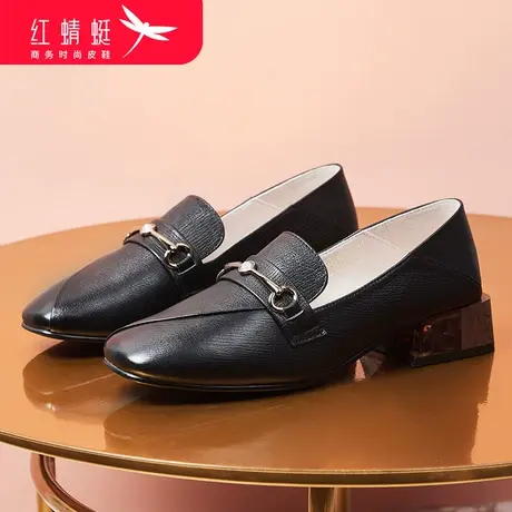 红蜻蜓女鞋真皮韩版方头套脚时尚百搭乐福鞋简约粗跟舒适小皮鞋子商品大图
