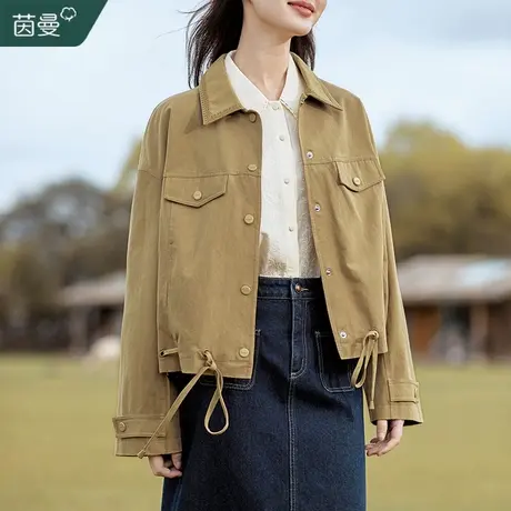茵曼法式复古全棉短外套女2023年秋冬新款小个子休闲宽松夹克上衣图片
