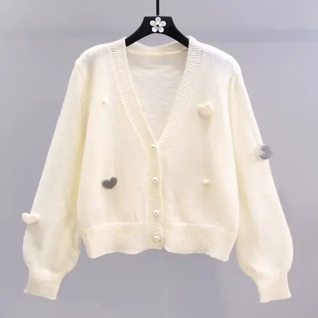立体爱心针织开衫女2023春装新款小香风高级感单排扣V领毛衣外套图片