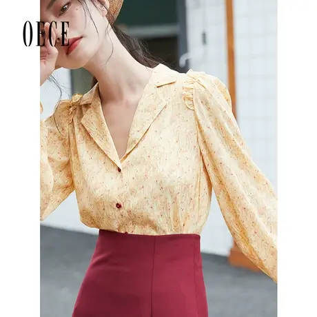Oece复古印花长袖衬衫春秋新款女装设计感修身衬衣女上衣图片