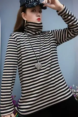 秋冬加绒打底T恤衫2023年新款套头长袖条纹卫衣女宽松百搭保暖潮商品大图