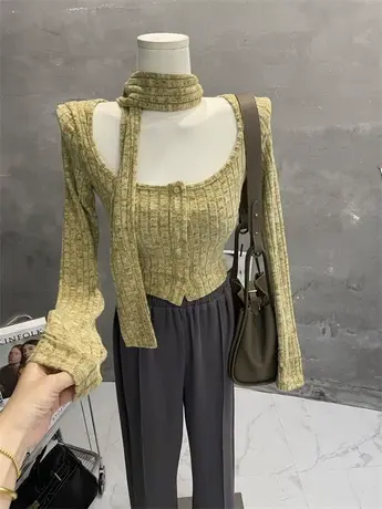 纯欲微甜~洋气方领围巾T磨毛紧身长袖t恤打底衫设计感上衣秋装新商品大图