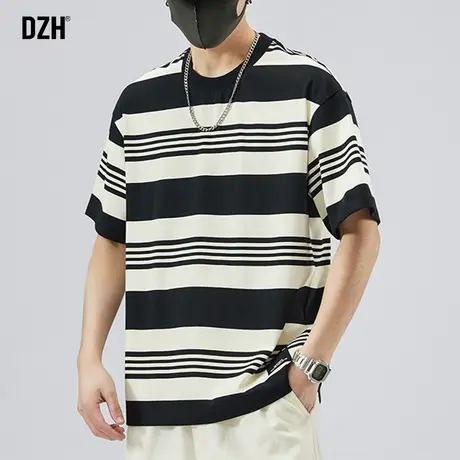 男士条纹短袖男夏季圆领宽松t恤男款潮流百搭休闲上衣2023年新款商品大图