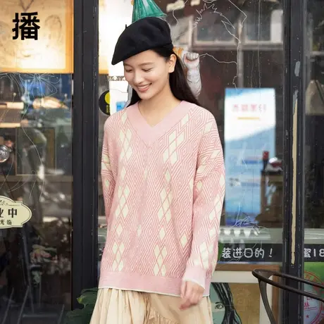 播2023秋季新款毛衣V领复古文艺菱形格提花针织衫女BDP1SD0671商品大图